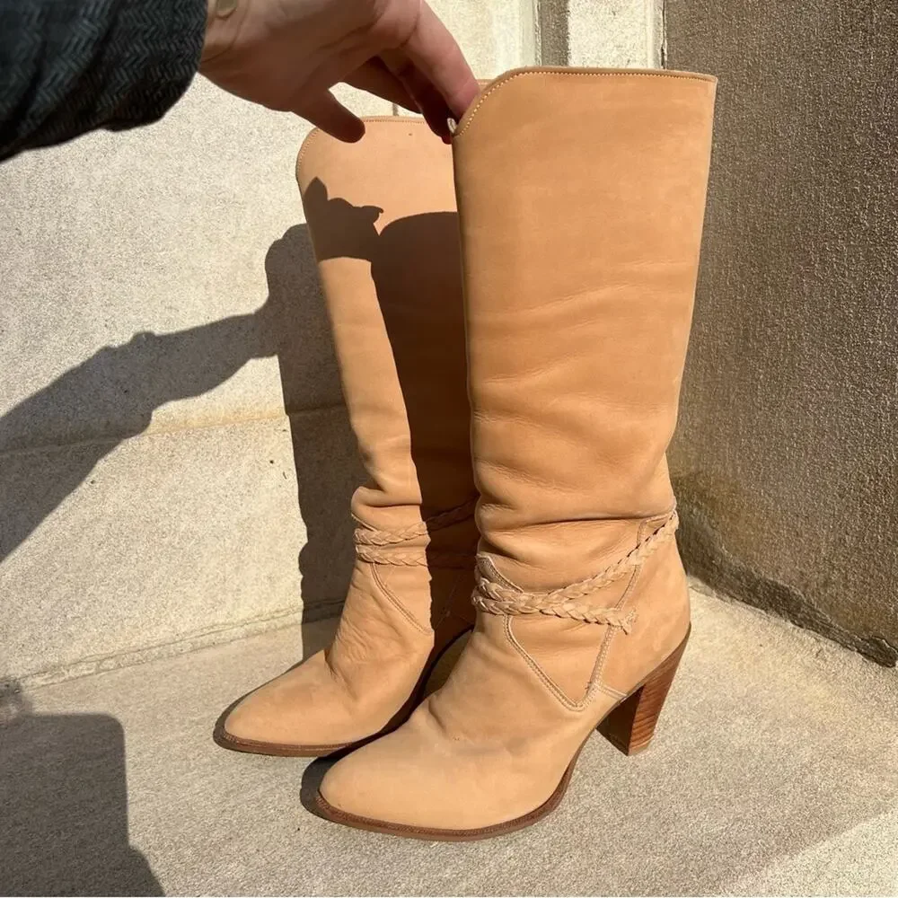 Vintage Dingo 80s high heeled suede yellow tan leather braid detail boots - Picture 5 of 9